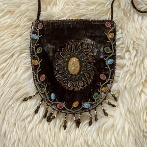 Boho Whimsygoth Beaded Feathered Brown Silk Velvet Crossbody Bag Purse